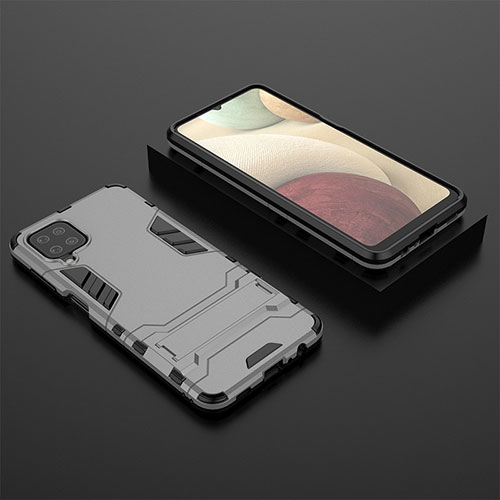 Silicone Matte Finish and Plastic Back Cover Case with Stand T04 for Samsung Galaxy F12 Gray