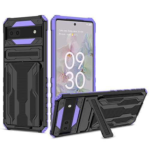 Silicone Matte Finish and Plastic Back Cover Case with Stand YF1 for Google Pixel 6a 5G Purple