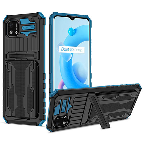 Silicone Matte Finish and Plastic Back Cover Case with Stand YF1 for Realme Narzo 50i Blue