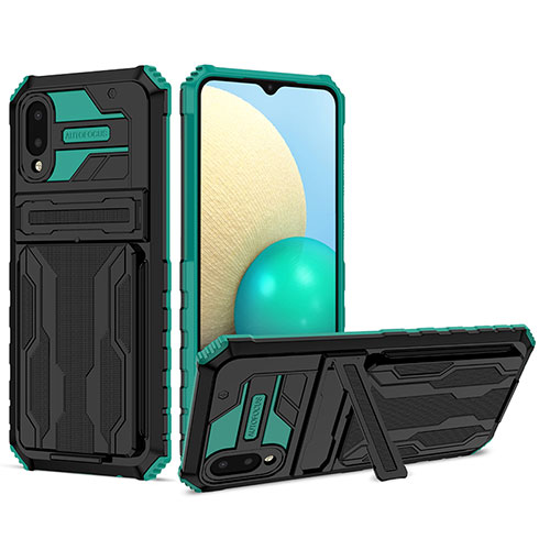 Silicone Matte Finish and Plastic Back Cover Case with Stand YF1 for Samsung Galaxy A02 Green