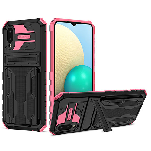 Silicone Matte Finish and Plastic Back Cover Case with Stand YF1 for Samsung Galaxy A02 Pink