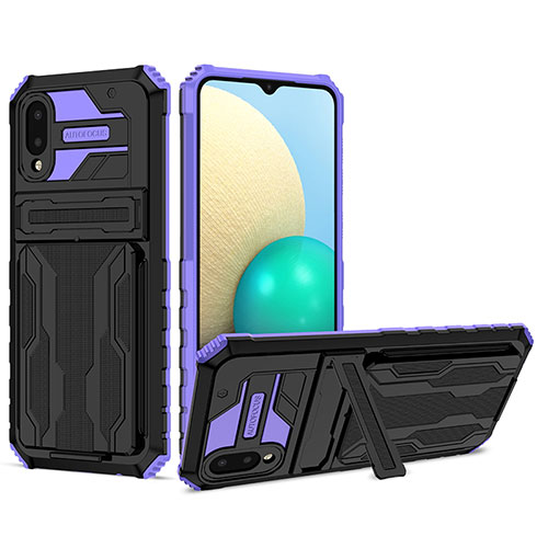 Silicone Matte Finish and Plastic Back Cover Case with Stand YF1 for Samsung Galaxy A02 Purple