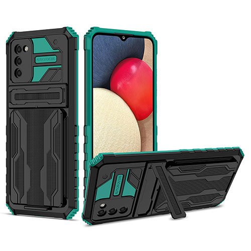 Silicone Matte Finish and Plastic Back Cover Case with Stand YF1 for Samsung Galaxy A02s Green