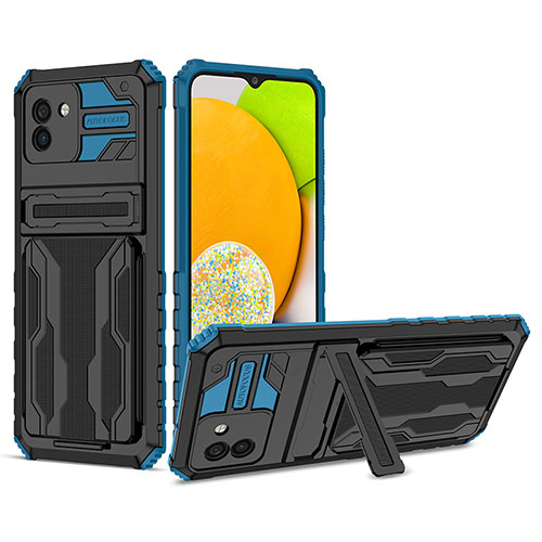 Silicone Matte Finish and Plastic Back Cover Case with Stand YF1 for Samsung Galaxy A03 Blue