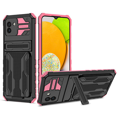 Silicone Matte Finish and Plastic Back Cover Case with Stand YF1 for Samsung Galaxy A03 Pink