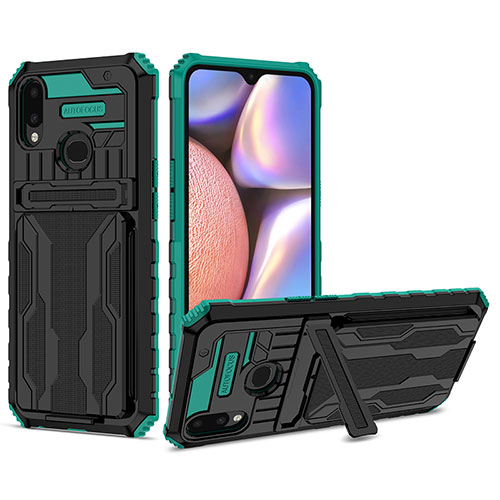 Silicone Matte Finish and Plastic Back Cover Case with Stand YF1 for Samsung Galaxy A10s Green