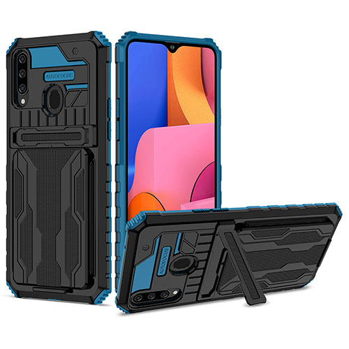 Silicone Matte Finish and Plastic Back Cover Case with Stand YF1 for Samsung Galaxy A20s Blue