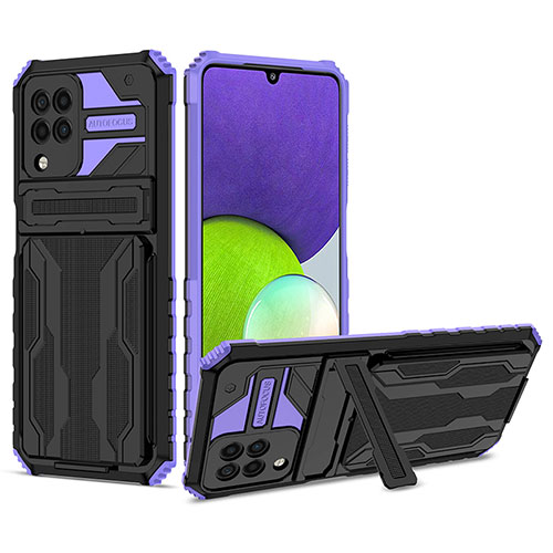 Silicone Matte Finish and Plastic Back Cover Case with Stand YF1 for Samsung Galaxy A22 4G Purple