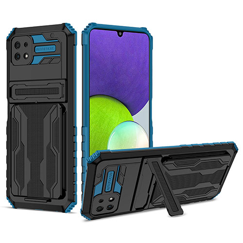 Silicone Matte Finish and Plastic Back Cover Case with Stand YF1 for Samsung Galaxy A22s 5G Blue