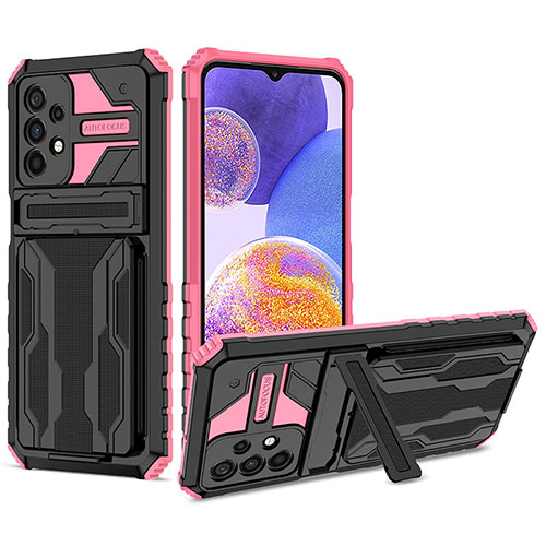 Silicone Matte Finish and Plastic Back Cover Case with Stand YF1 for Samsung Galaxy A23 5G Pink