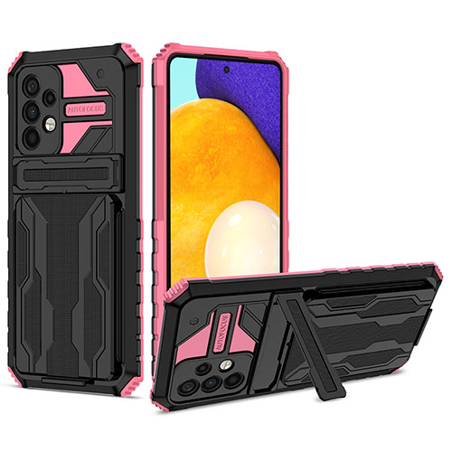 Silicone Matte Finish and Plastic Back Cover Case with Stand YF1 for Samsung Galaxy A52 5G Pink