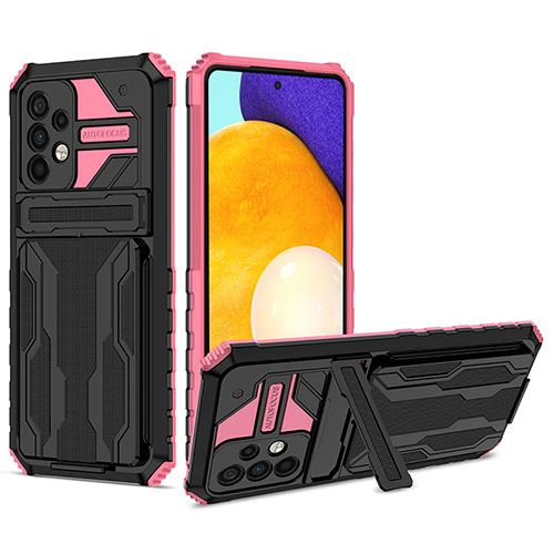 Silicone Matte Finish and Plastic Back Cover Case with Stand YF1 for Samsung Galaxy A72 4G Pink