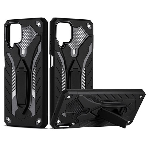 Silicone Matte Finish and Plastic Back Cover Case with Stand YF2 for Samsung Galaxy F12 Black