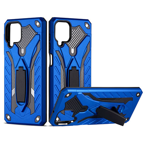 Silicone Matte Finish and Plastic Back Cover Case with Stand YF2 for Samsung Galaxy M12 Blue