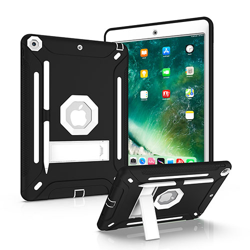 Silicone Matte Finish and Plastic Back Cover Case with Stand YJ1 for Apple iPad 10.2 (2019) Black