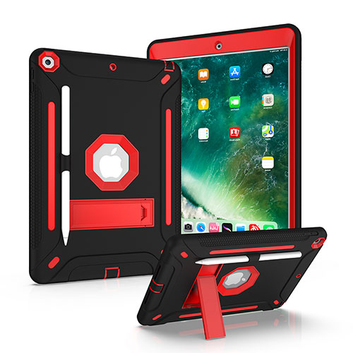 Silicone Matte Finish and Plastic Back Cover Case with Stand YJ1 for Apple iPad 10.2 (2021) Red and Black