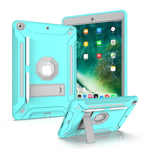 Silicone Matte Finish and Plastic Back Cover Case with Stand YJ2 for Apple iPad 10.2 (2020) Mint Blue