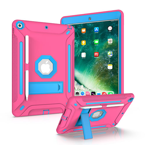 Silicone Matte Finish and Plastic Back Cover Case with Stand YJ2 for Apple iPad 10.2 (2021) Hot Pink