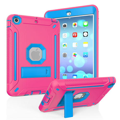 Silicone Matte Finish and Plastic Back Cover Case with Stand YJ2 for Apple iPad Mini 2 Hot Pink