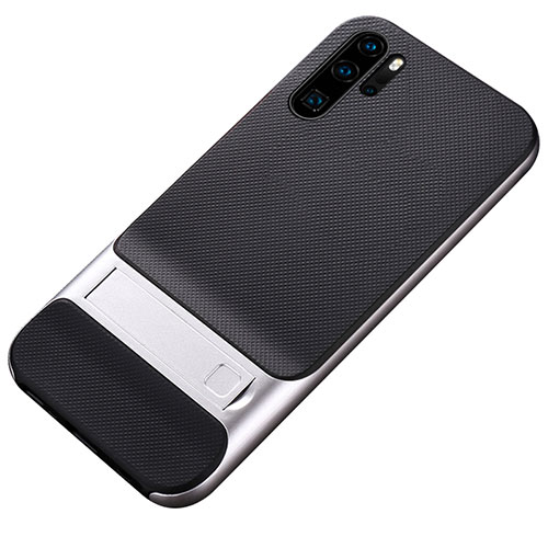 Silicone Matte Finish and Plastic Back Cover Case with Stand Z01 for Huawei P30 Pro New Edition Silver