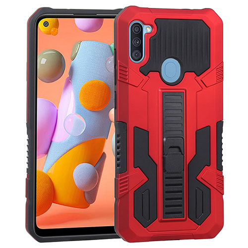 Silicone Matte Finish and Plastic Back Cover Case with Stand ZJ1 for Samsung Galaxy A11 Red