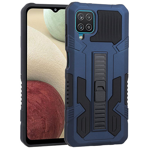 Silicone Matte Finish and Plastic Back Cover Case with Stand ZJ1 for Samsung Galaxy A12 Nacho Blue
