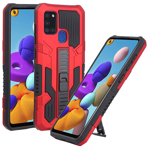 Silicone Matte Finish and Plastic Back Cover Case with Stand ZJ1 for Samsung Galaxy A21s Red