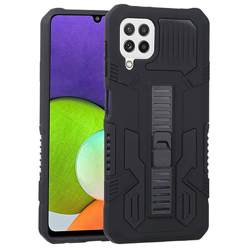 Silicone Matte Finish and Plastic Back Cover Case with Stand ZJ1 for Samsung Galaxy A22 4G Black