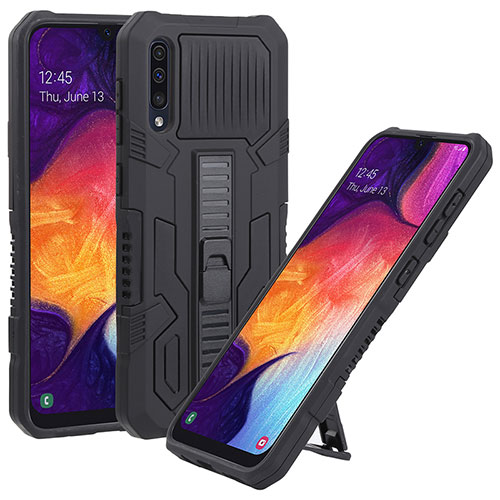 Silicone Matte Finish and Plastic Back Cover Case with Stand ZJ1 for Samsung Galaxy A30S Black