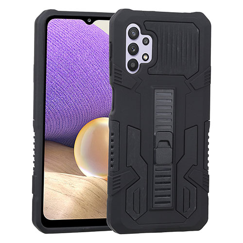 Silicone Matte Finish and Plastic Back Cover Case with Stand ZJ1 for Samsung Galaxy A32 5G Black