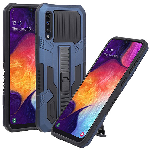 Silicone Matte Finish and Plastic Back Cover Case with Stand ZJ1 for Samsung Galaxy A50 Blue