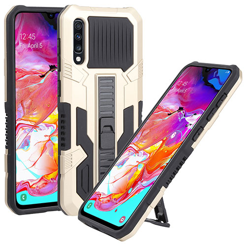 Silicone Matte Finish and Plastic Back Cover Case with Stand ZJ1 for Samsung Galaxy A70 Gold