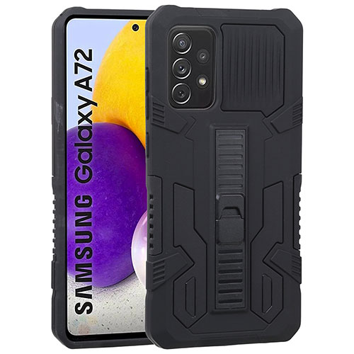 Silicone Matte Finish and Plastic Back Cover Case with Stand ZJ1 for Samsung Galaxy A72 4G Black