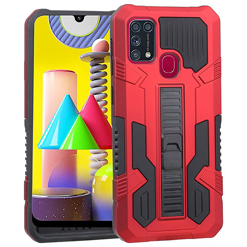 Silicone Matte Finish and Plastic Back Cover Case with Stand ZJ1 for Samsung Galaxy M31 Red