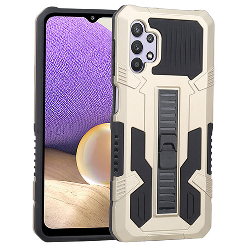 Silicone Matte Finish and Plastic Back Cover Case with Stand ZJ1 for Samsung Galaxy M32 5G Gold