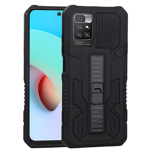 Silicone Matte Finish and Plastic Back Cover Case with Stand ZJ1 for Xiaomi Redmi 10 (2022) Black