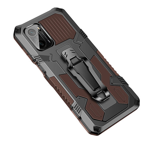 Silicone Matte Finish and Plastic Back Cover Case with Stand ZJ2 for Xiaomi Poco F3 5G Brown