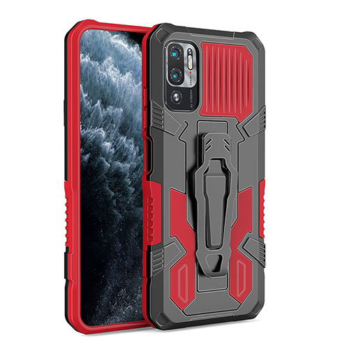 Silicone Matte Finish and Plastic Back Cover Case with Stand ZJ2 for Xiaomi POCO M3 Pro 5G Red