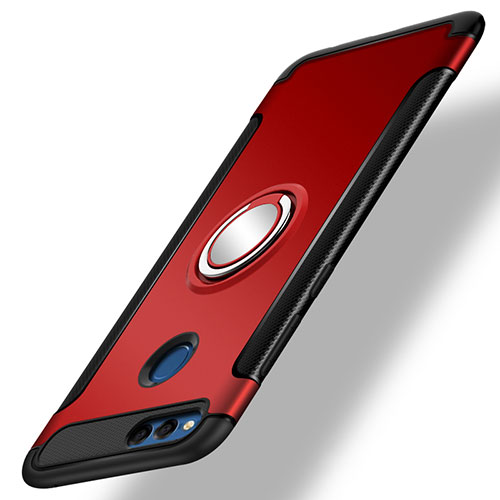 Silicone Matte Finish and Plastic Back Cover with Finger Ring Stand for Huawei Honor 7X Red