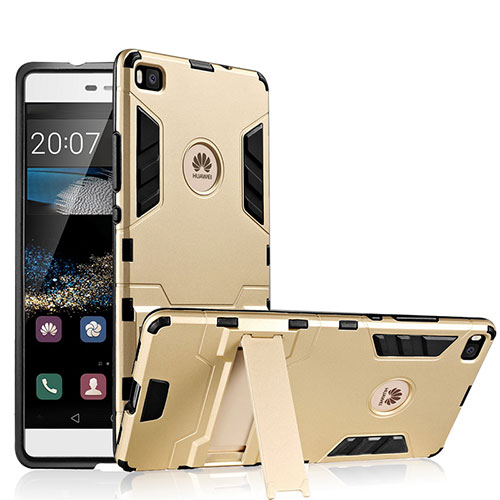 Silicone Matte Finish and Plastic Back Cover with Stand for Huawei P8 Gold