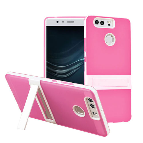 Silicone Matte Finish Stands Case for Huawei P9 Pink