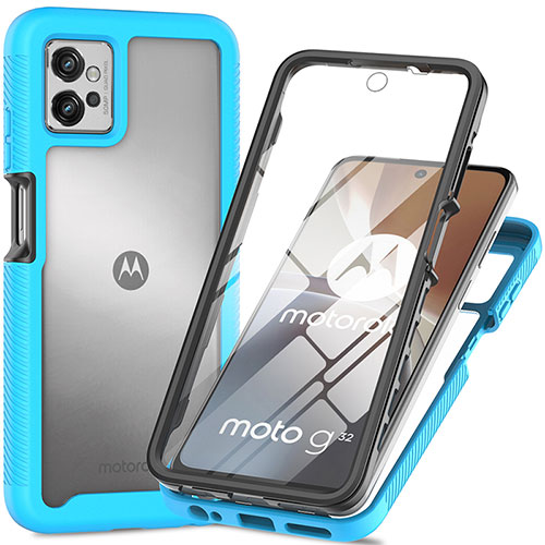 Silicone Transparent Frame Case Cover 360 Degrees for Motorola Moto G32 Cyan