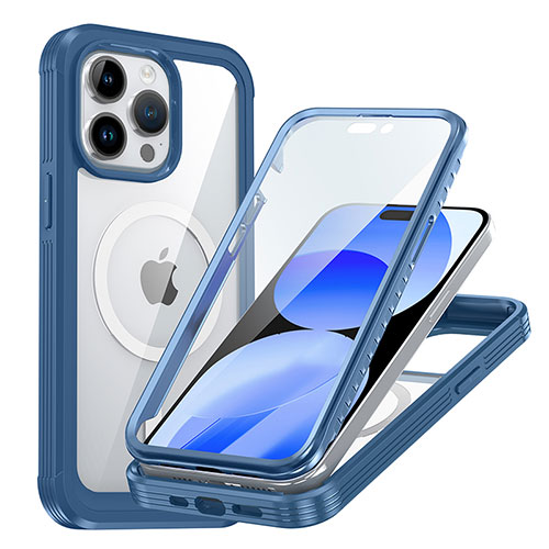 Silicone Transparent Frame Case Cover 360 Degrees with Mag-Safe Magnetic AC1 for Apple iPhone 15 Pro Max Blue