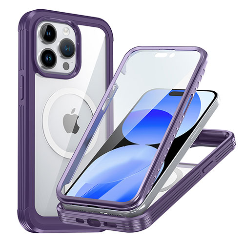 Silicone Transparent Frame Case Cover 360 Degrees with Mag-Safe Magnetic AC1 for Apple iPhone 15 Pro Max Purple