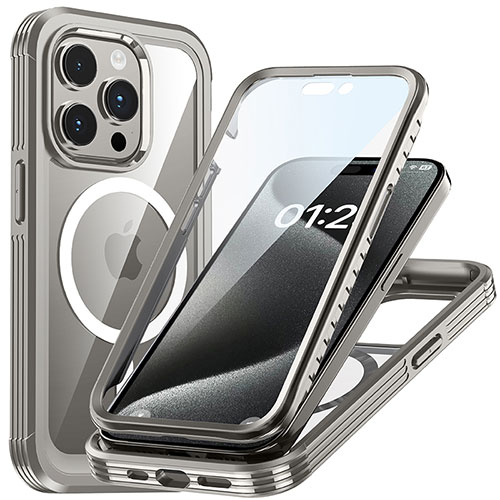 Silicone Transparent Frame Case Cover 360 Degrees with Mag-Safe Magnetic T01 for Apple iPhone 14 Pro Gray