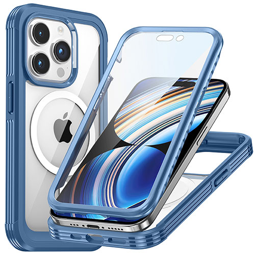 Silicone Transparent Frame Case Cover 360 Degrees with Mag-Safe Magnetic T01 for Apple iPhone 16 Pro Blue