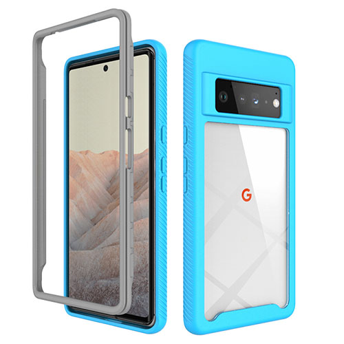 Silicone Transparent Frame Case Cover 360 Degrees ZJ1 for Google Pixel 6 Pro 5G Sky Blue