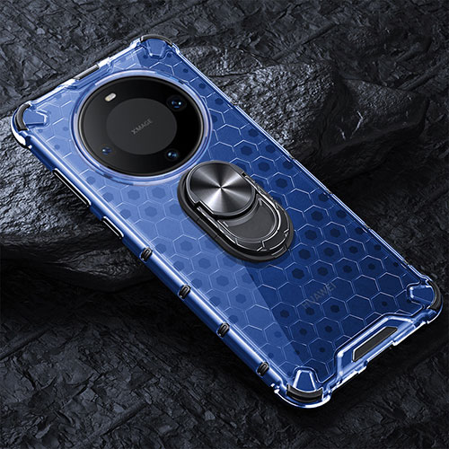 Silicone Transparent Mirror Frame Case 360 Degrees with Magnetic Finger Ring Stand AM1 for Huawei Mate 60 Pro Blue