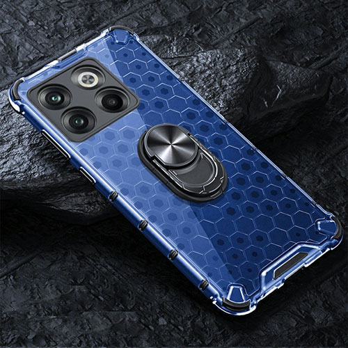 Silicone Transparent Mirror Frame Case 360 Degrees with Magnetic Finger Ring Stand AM1 for OnePlus 10T 5G Blue