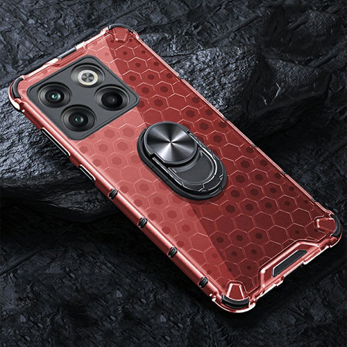 Silicone Transparent Mirror Frame Case 360 Degrees with Magnetic Finger Ring Stand AM1 for OnePlus 10T 5G Red